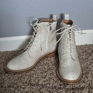 Cream Lace-Up Boots with Brogue Pattern